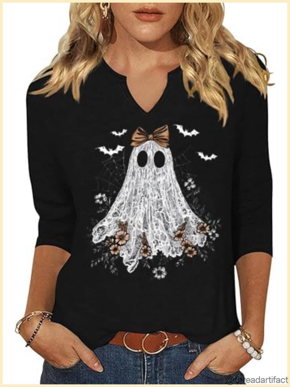 Women's 3/4 Sleeve V Neck Halloween Graphic T-Shirt Casual Fall Tee